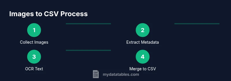 A 4-step process flow showing metadata extraction, OCR, and CSV merging