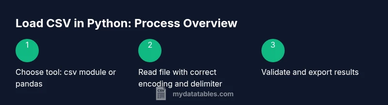 Infographic showing a three-step process to load CSV in Python