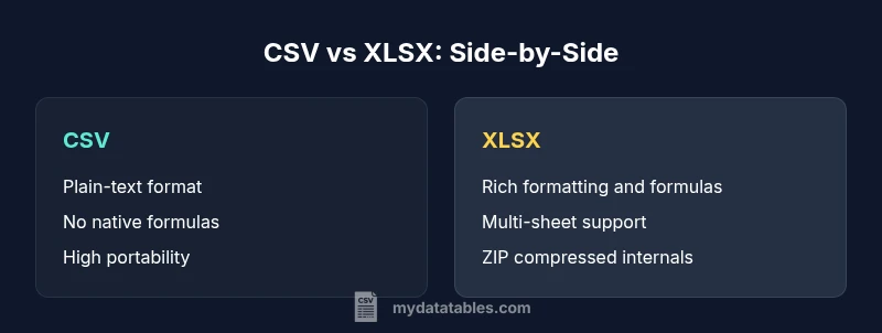 CSV vs XLSX infographic showing side by side features