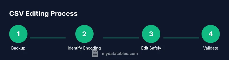 Process diagram showing backup, identify encoding, edit safely, and validate when editing CSV files