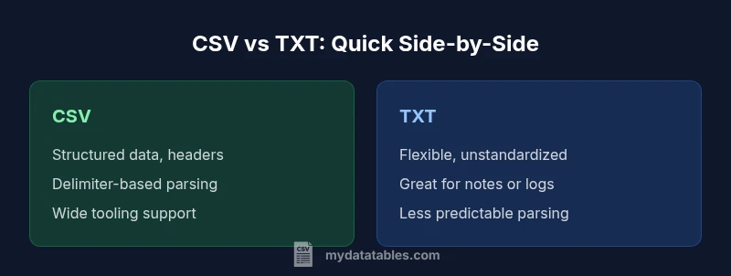 CSV vs TXT comparison infographic showing structure and use cases