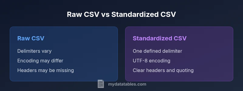 Infographic comparing raw CSV versus standardized CSV visuals