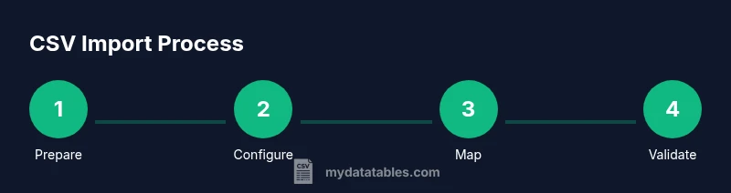 Process diagram showing four steps of importing a CSV file into a destination, with headings and numbered steps