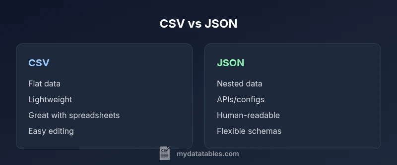 Comparison infographic showing CSV vs JSON features