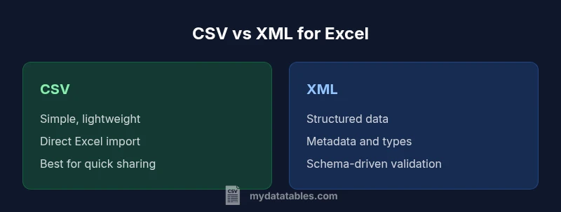 Comparison infographic of CSV vs XML for Excel