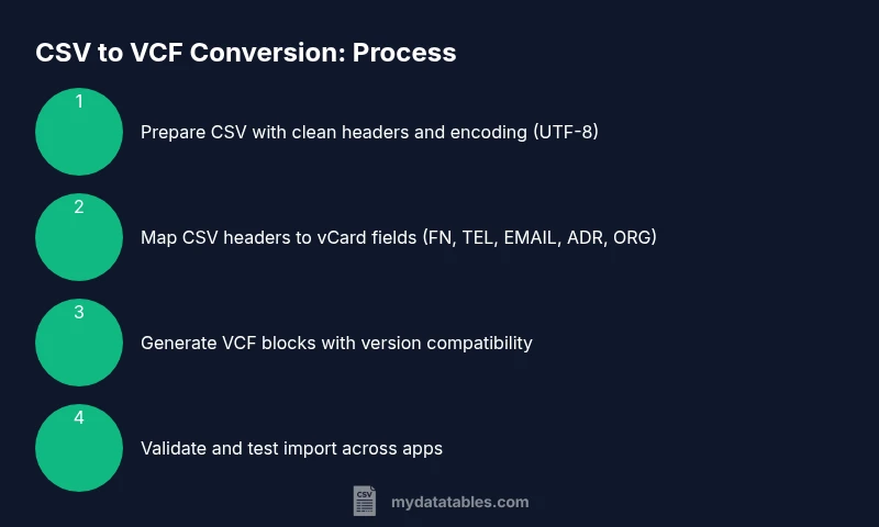 Process infographic showing steps to convert CSV to VCF