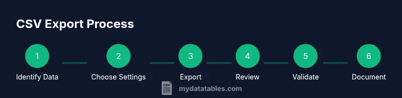 Process infographic showing a six-step CSV export workflow