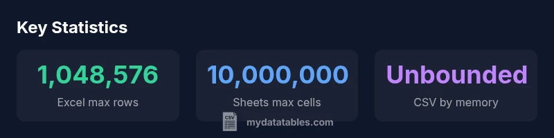 Infographic comparing row limits for Excel, Sheets, and memory-based CSV processing